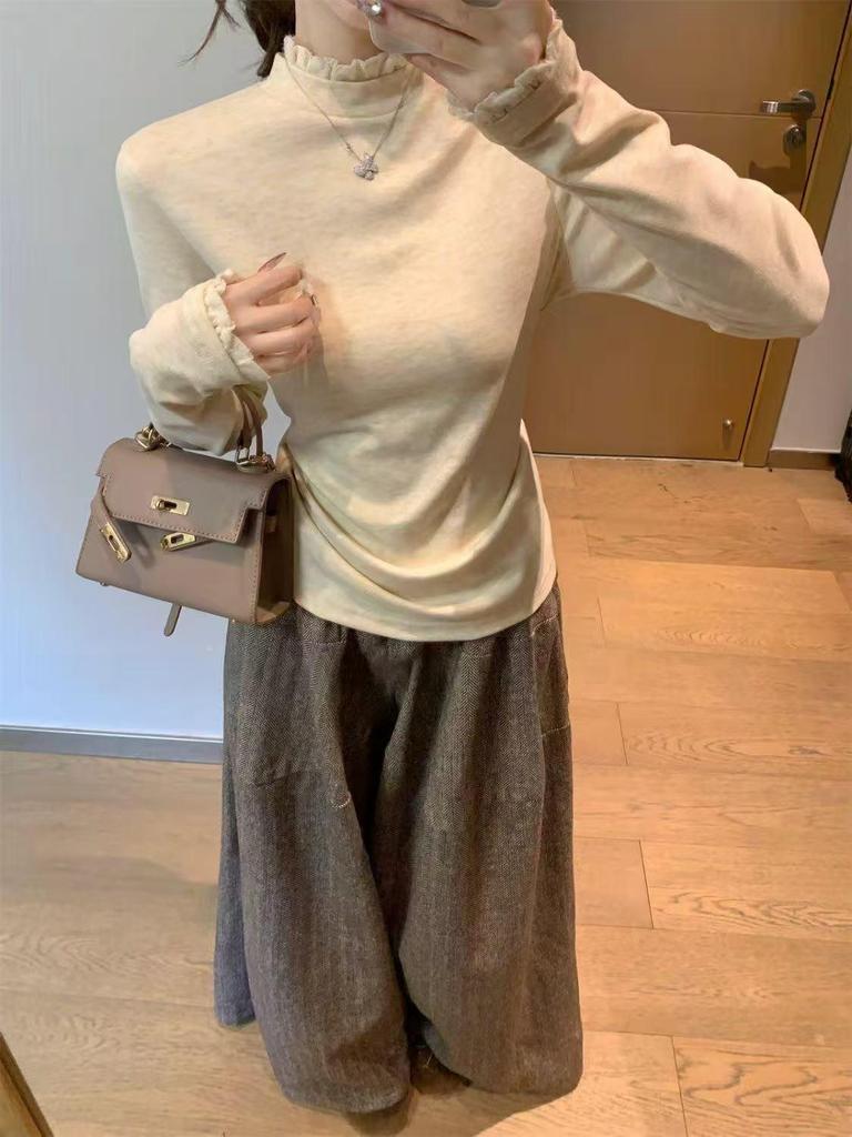 Women's Lace Trim High Neck Long Sleeve T-shirt - 2025 Autumn/Winter Collection Trendy Base Top