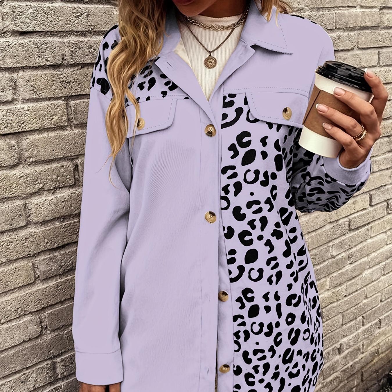 

Кардиган Топы Осень и зима Новый леопардовый принт однобортный пиджак средней длины рубашка пальто для женщин 3XL фиолетовый