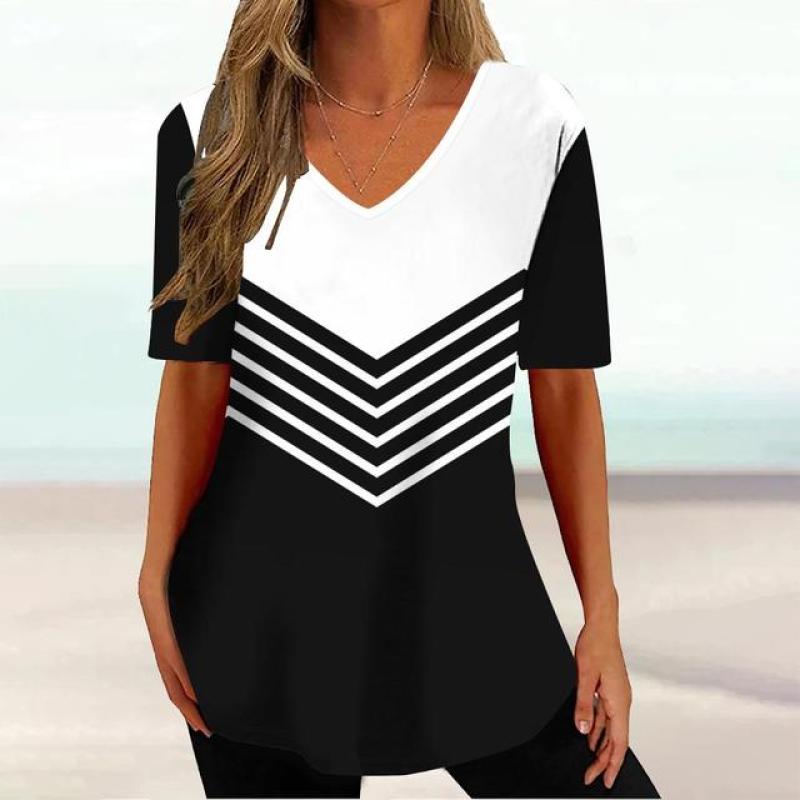 Sommer Damen T-Shirt Personalisiert Zweifarbiger Spleißdruck Wunderschöner V-Ausschnitt Kurzarm Street Trend Damen Gestreiftes T-Shirt