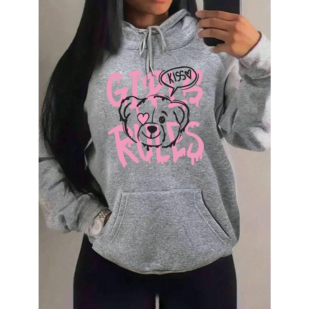 Girls Rules Pink Kiss Cartoon Love Bear Design Women Hoodies Autumn Y2K Hoody Casual Sportswear Fleece Clothes