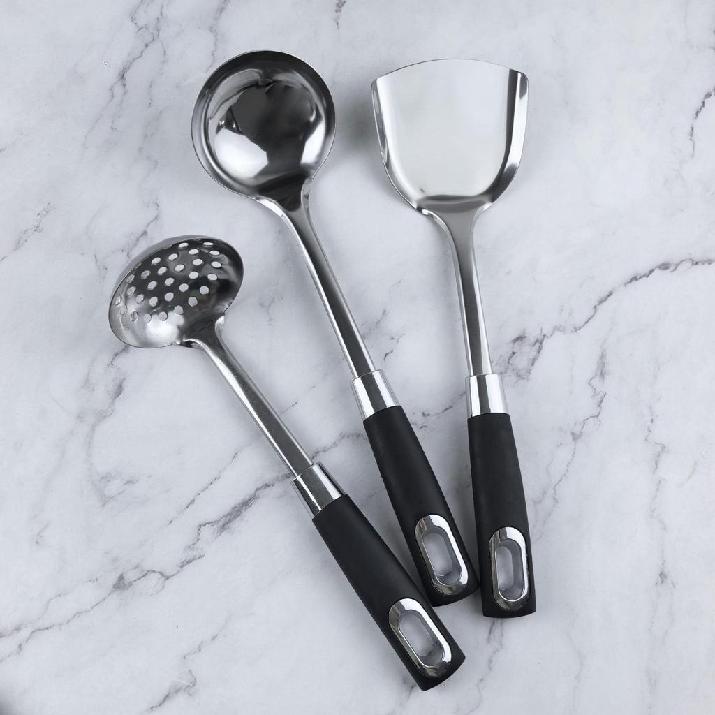 Stainless Steel Utensil Set: Spatula, Slotted Spoon, Solid Spatula, Anti-Scald Stir-Fry Tool.