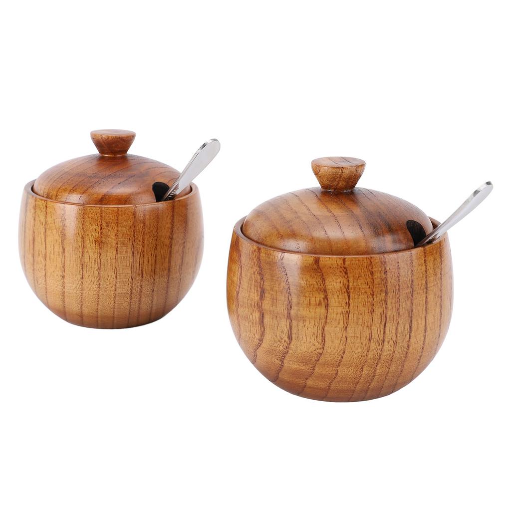 2pcs Wood Salt Bowl Multifunctional Salt Jar with Lid Spoon for Sugar Condiment Spices