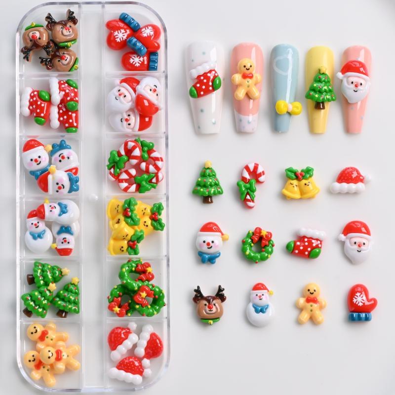 12 Kratek 36/60 Sztuk Kawaii Mini Bałwan Choinka Charmsy do Paznokci 3D Renifer Święty Mikołaj Rhinestonesy do Paznokci Żywiczne Boże Narodzenie Klejnoty do Paznokci