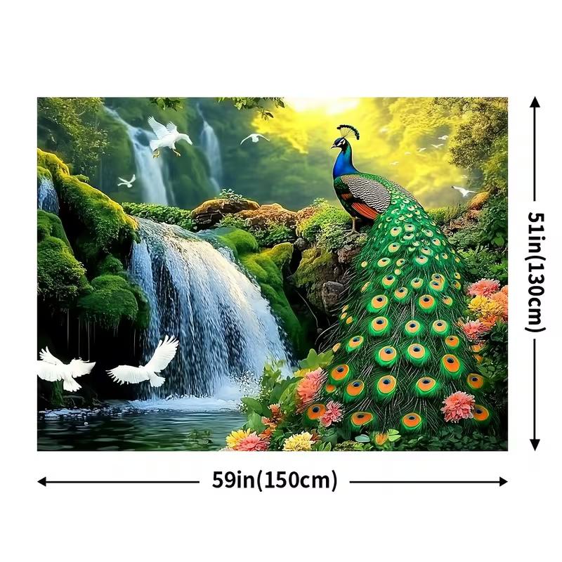 2D Peacock Forest Waterfall Wall Tapestry Nature Background Cloth for Home Decor
