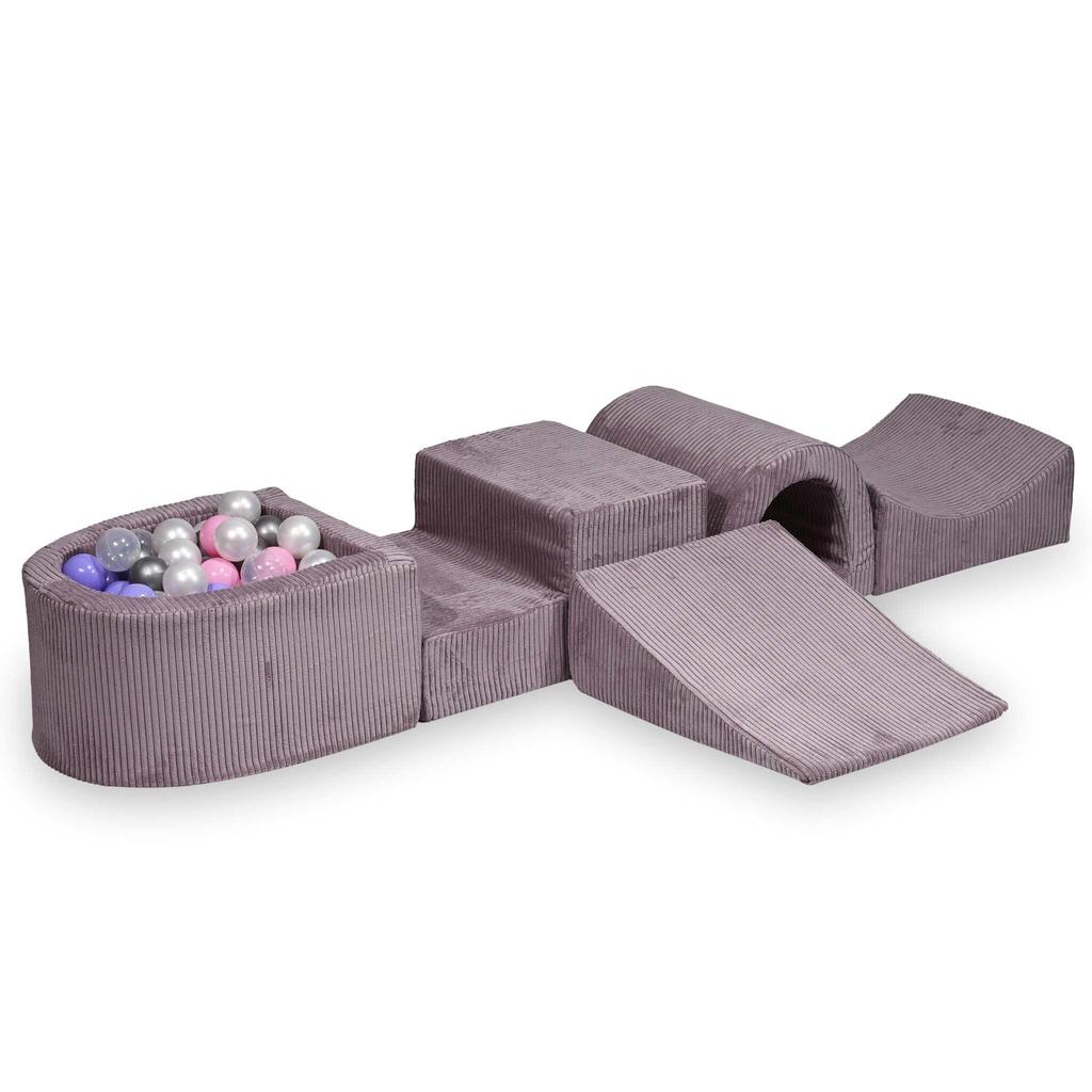 Foam playground with bridge Corduroy Lavender 100 balls: transparent, pearl, silver, powder pink, heather