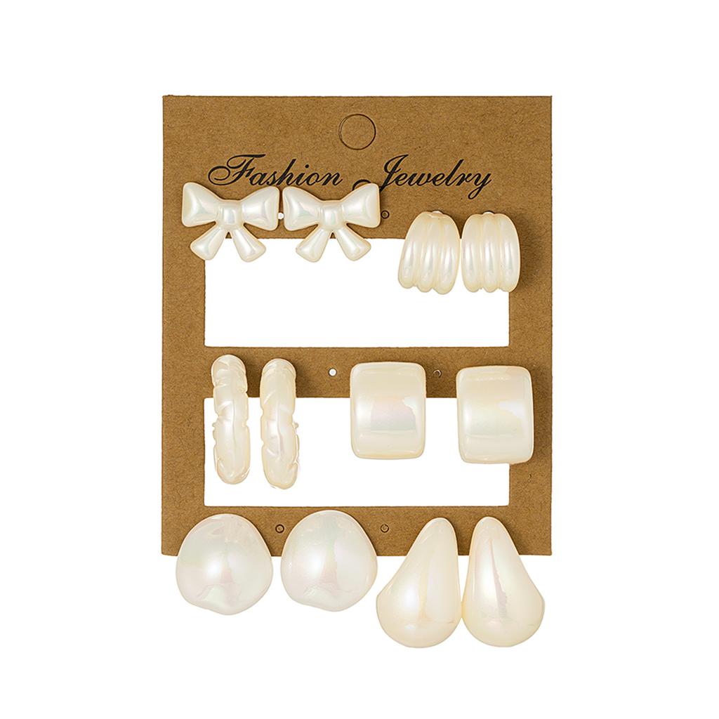 6 pairs of simple and elegant imitation pearl bow geometric spiral water droplet U-shaped earring set