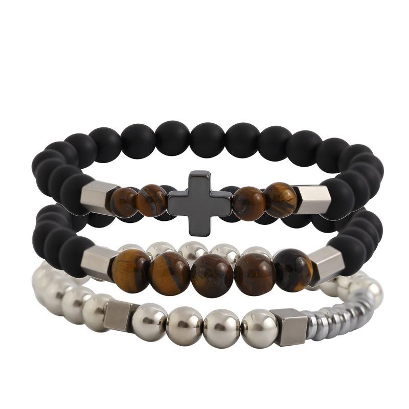 Vintage Multilayer Beaded Bracelet for Men Fashion Hip Hop Tiger Eye's CCB Titanium Steel Cross Beads Bracelets Accessories Men