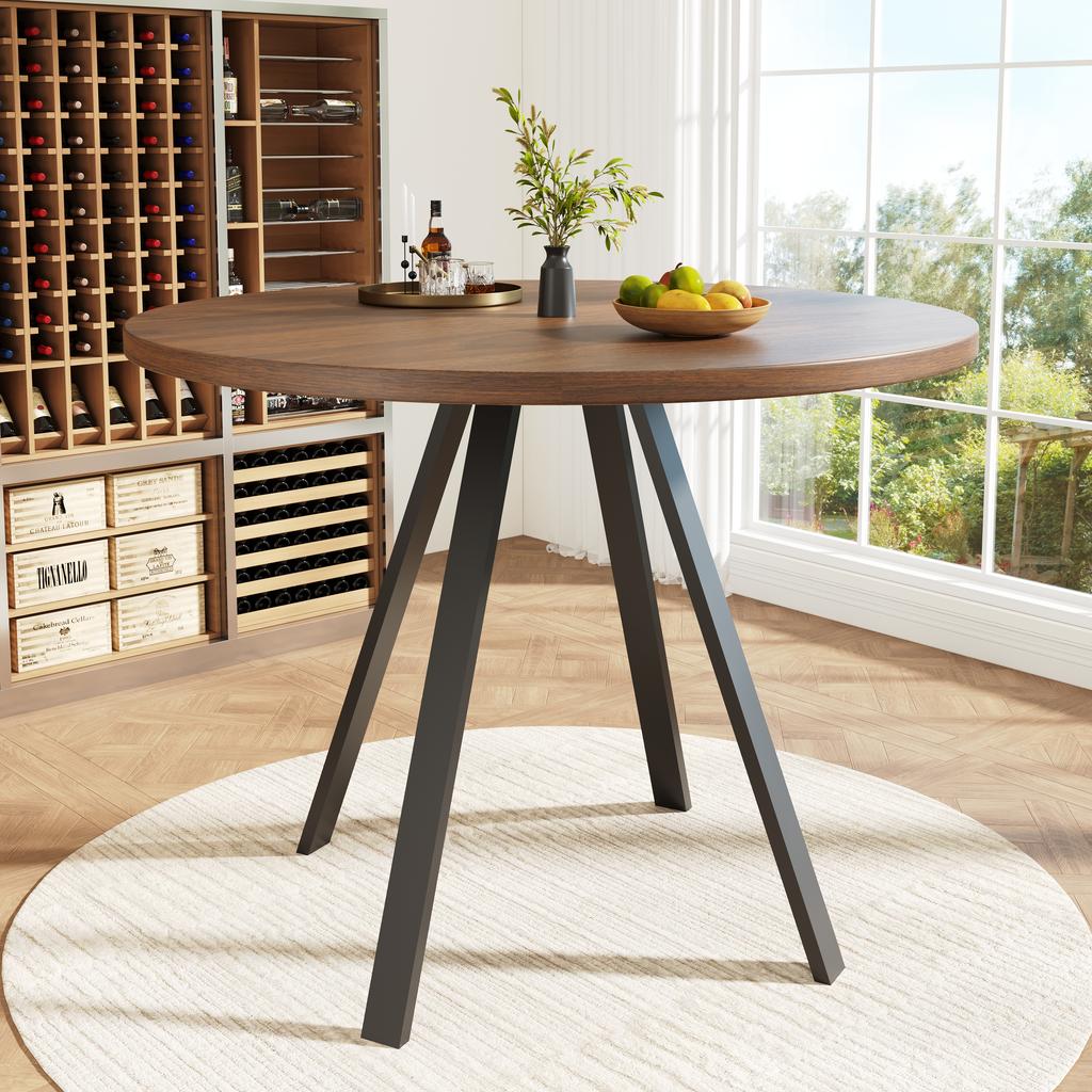 Runder Esstisch (80×80×75cm), Kaffeetisch für 4 Personen, geeignet für Esszimmer, Wohnzimmer, Metalltischbeine, Schreibtisch in Walnussfarbe und schwarze Beine