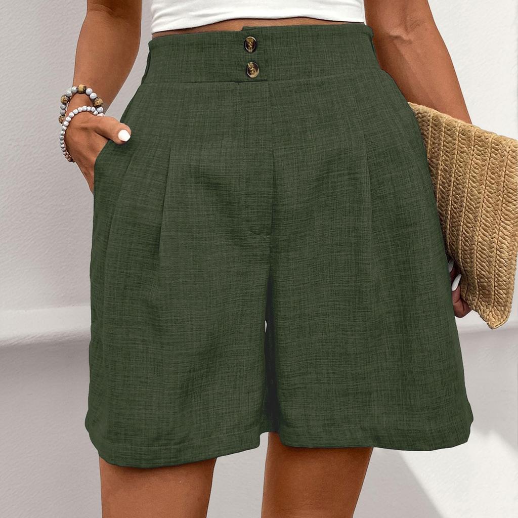 Women's Loose Casual Pants Button -Color High Waist Straight Shorts