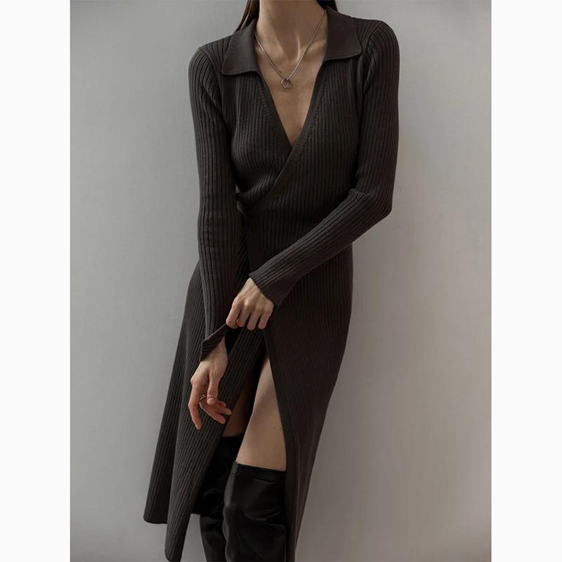 Autumn Sexy Long Sleeve Women Knitted Dress Turn-down Collar Lace-up Slim Dresses Winter Fashion Solid Elegant Sweater Dress 30448