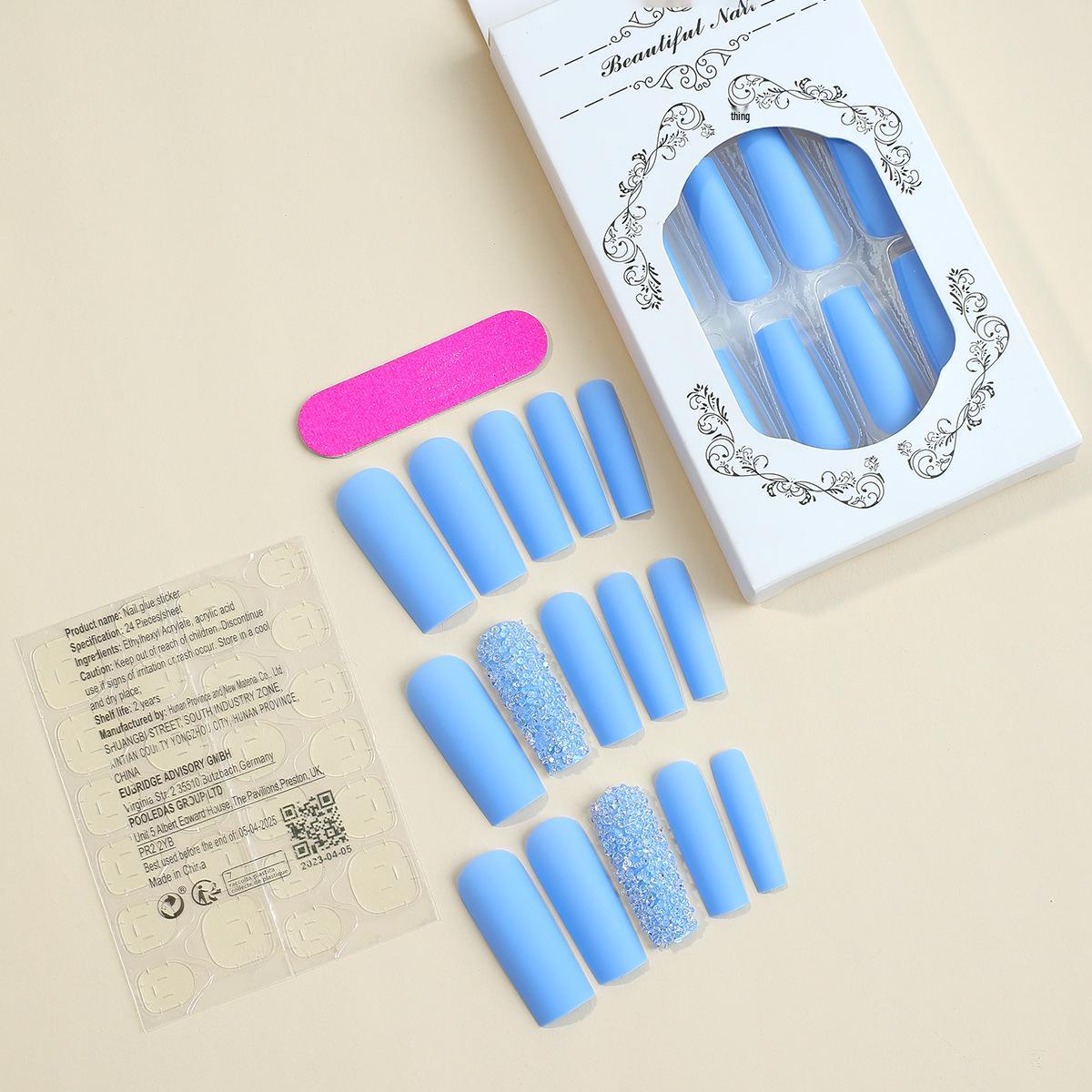 

Trendy Extra Long Blue Detachable Nail Pieces with Diamonds - Minimalist Water Pipe Design