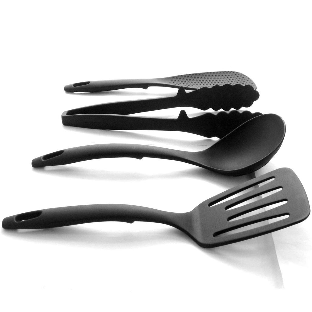 Nagao Tsubame-Sanjo Mini Kitchen Tool Set (4 Pieces) Spatula, Ladle, Tongs, and Spatula, Black, Made in Japan
