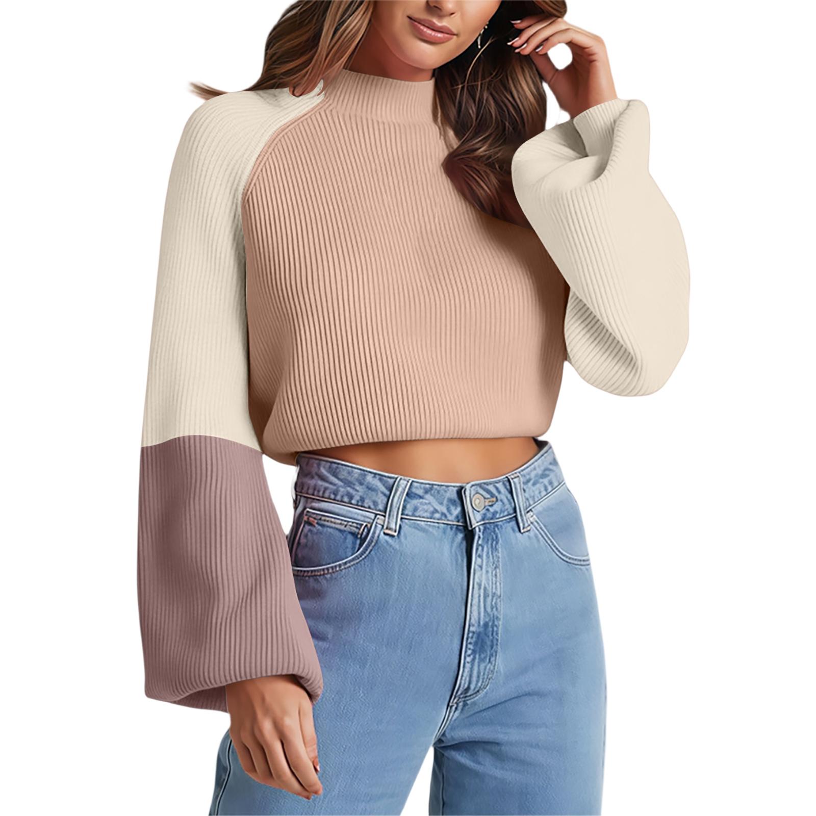 

Ladies Loose And Comfortable Semi High Neck Contrasting Knitted Sweater Long Sleeved Casual Top M