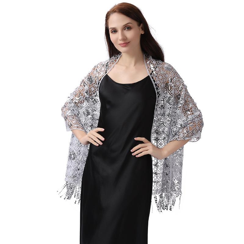 50*180cm with Fringed Women's Sparkling Sequin Lace Deco Scarf, Shawl Wraps For Evening Dress Mesh Shawls Capes For Party