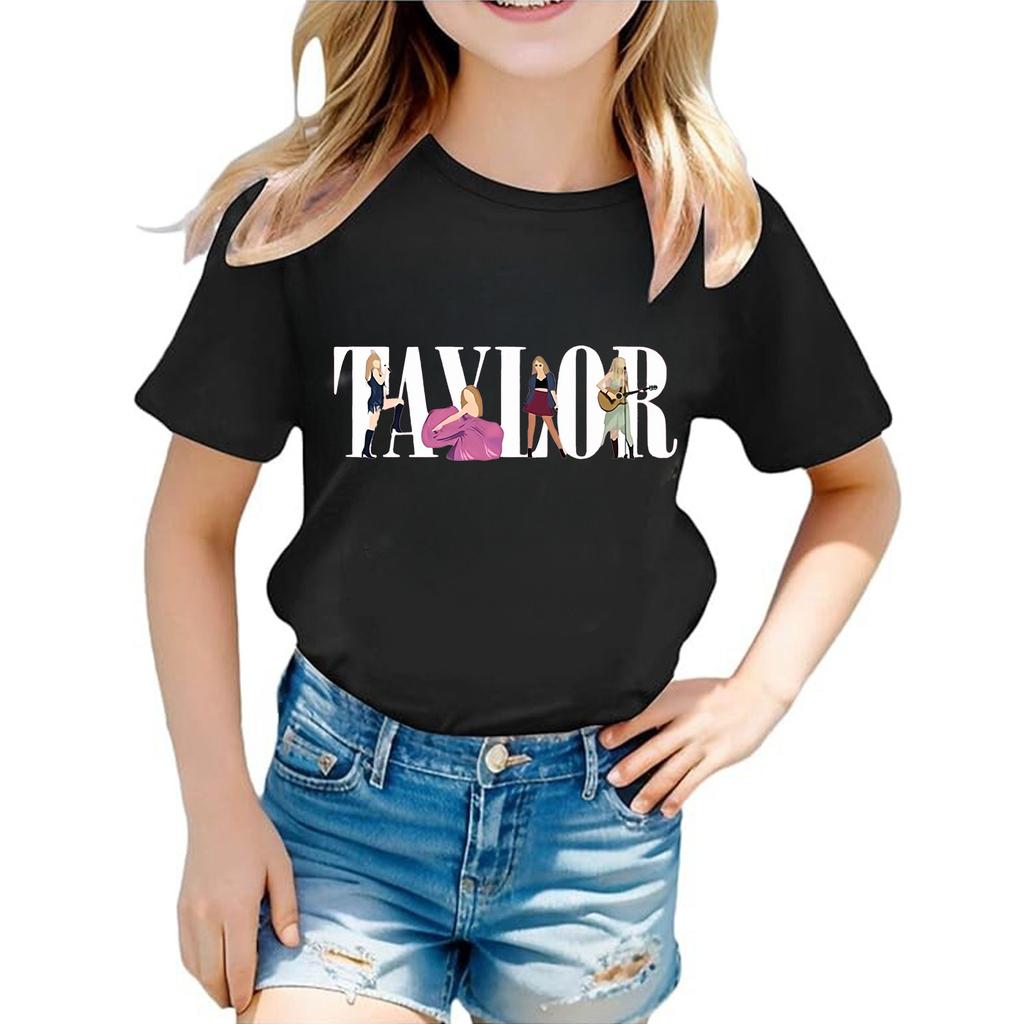 Summer Round Neck 3D Guitar Printed Top Fashionable Casual Short Sleeved Children's Girl T-shirts