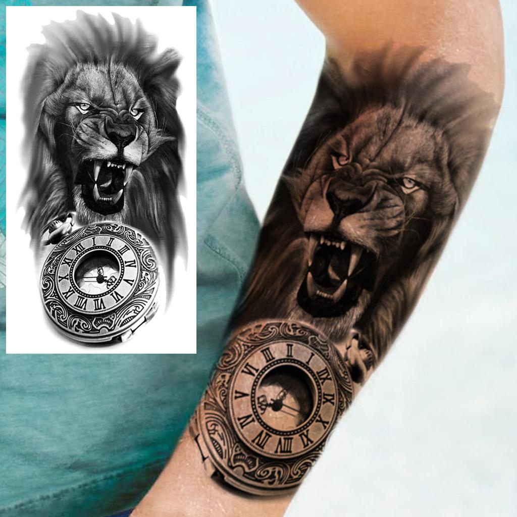 1 Sheet Lion Wolf Skeleton Nun Tiger Black Temporary Tattoos For Men Adult Leg Arm Compass Flower Fake Tattoo Sticker Waterproof
