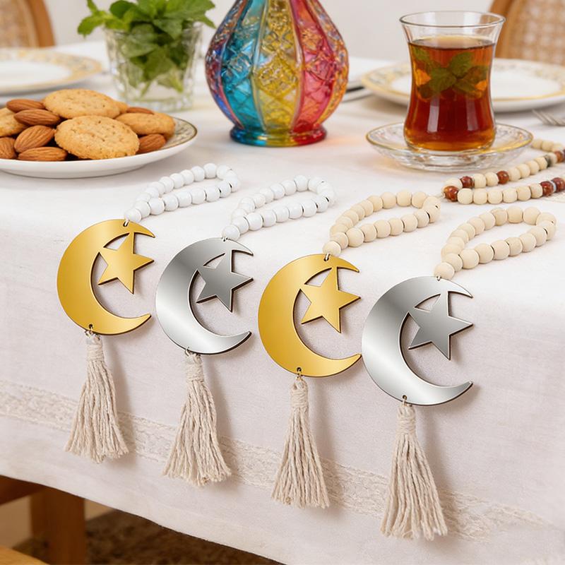 Eid Mubarak Holzperlen Anhänger mit Quaste Ramadan Kareem Mond Stern Hängendes Ornament Geschenk Islamische Muslimische Party Hausdekoration