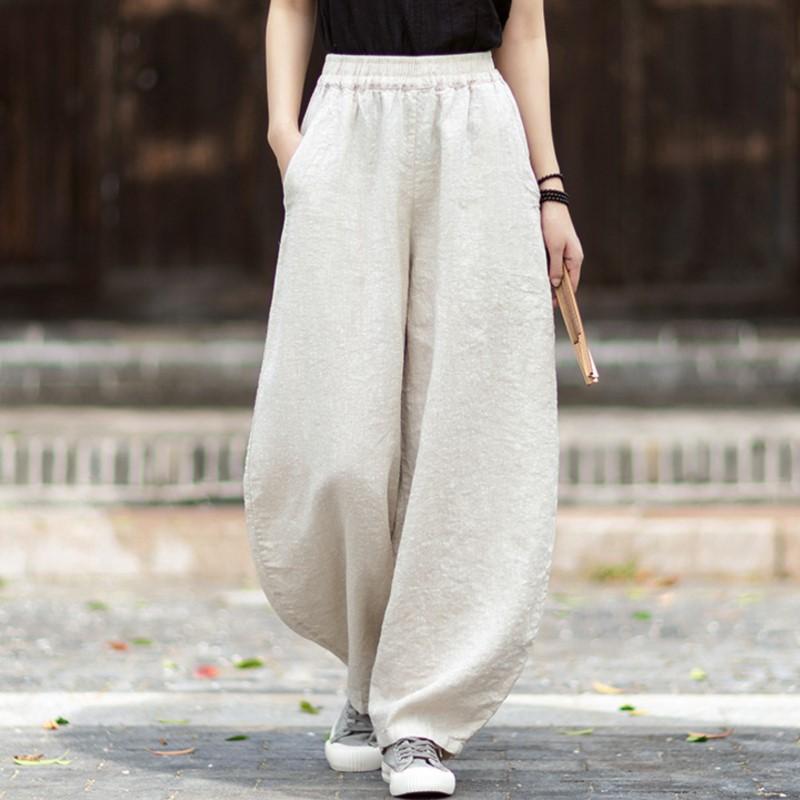 Johnature Women Vintage Pants Summer Chinese Style Solid Color Loose Elastic Waist Trousers Soft Pants