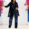 Women Plus Size Round Neck Long Sleeve Green Black Gold Printed Layered Top And Long Pants Two Piece Set