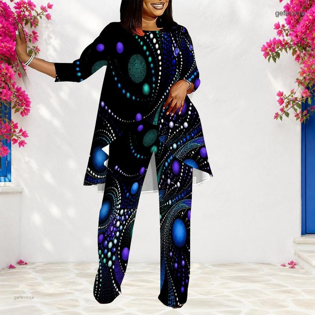 Women Plus Size Round Neck Long Sleeve Green Black Gold Printed Layered Top And Long Pants Two Piece Set