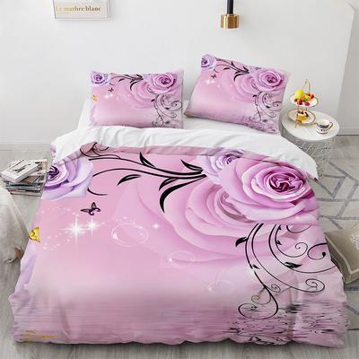 Conjunto de Capa de Edredom Rosa Estampa 3D Tema Romântico Conjunto de Roupa de Cama com Flores Dia dos Namorados Gêmeo Poliéster Capa de Edredom com Fronha