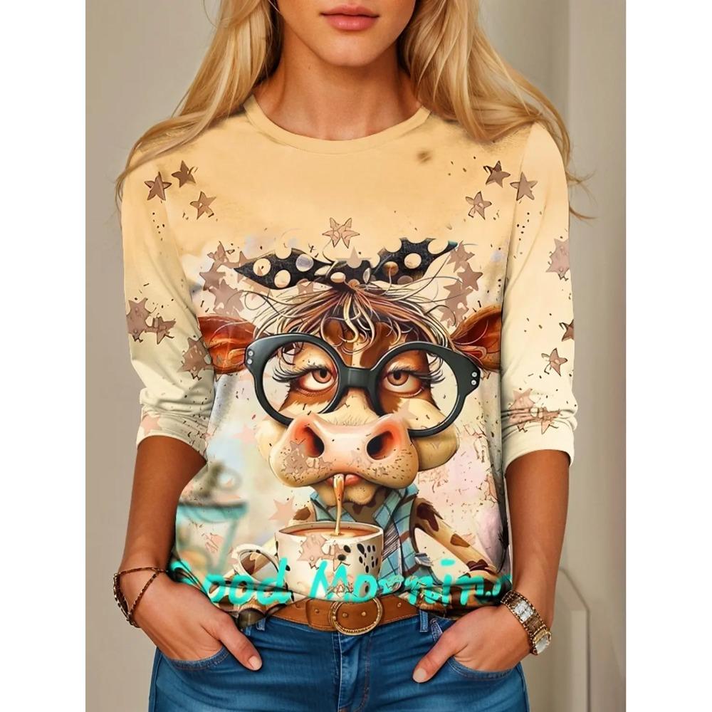 Funny Animal Cattle 3d Print Long Sleeve T-Shirt Women's Fashion Casual Oversized Round Neck T-Shirt