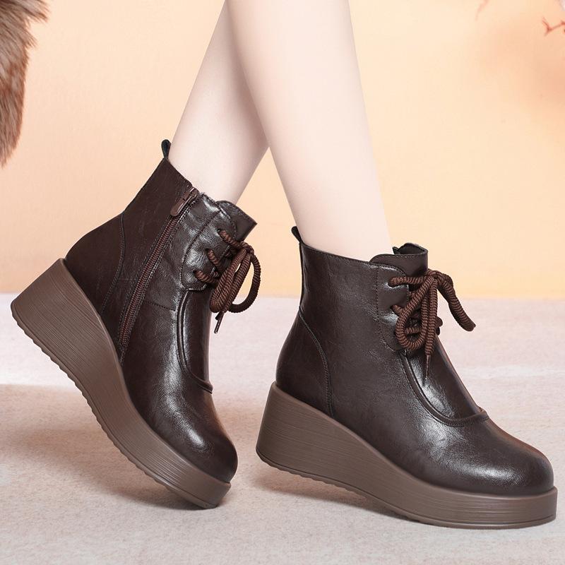 

Winter Fashionable and Convenient Side Zipper Fleece-lined Warm Fashion Leather Boots Lace-up Women s Boots Thick-soled Wedge Heel Soft Leather Boots 41 коричневий