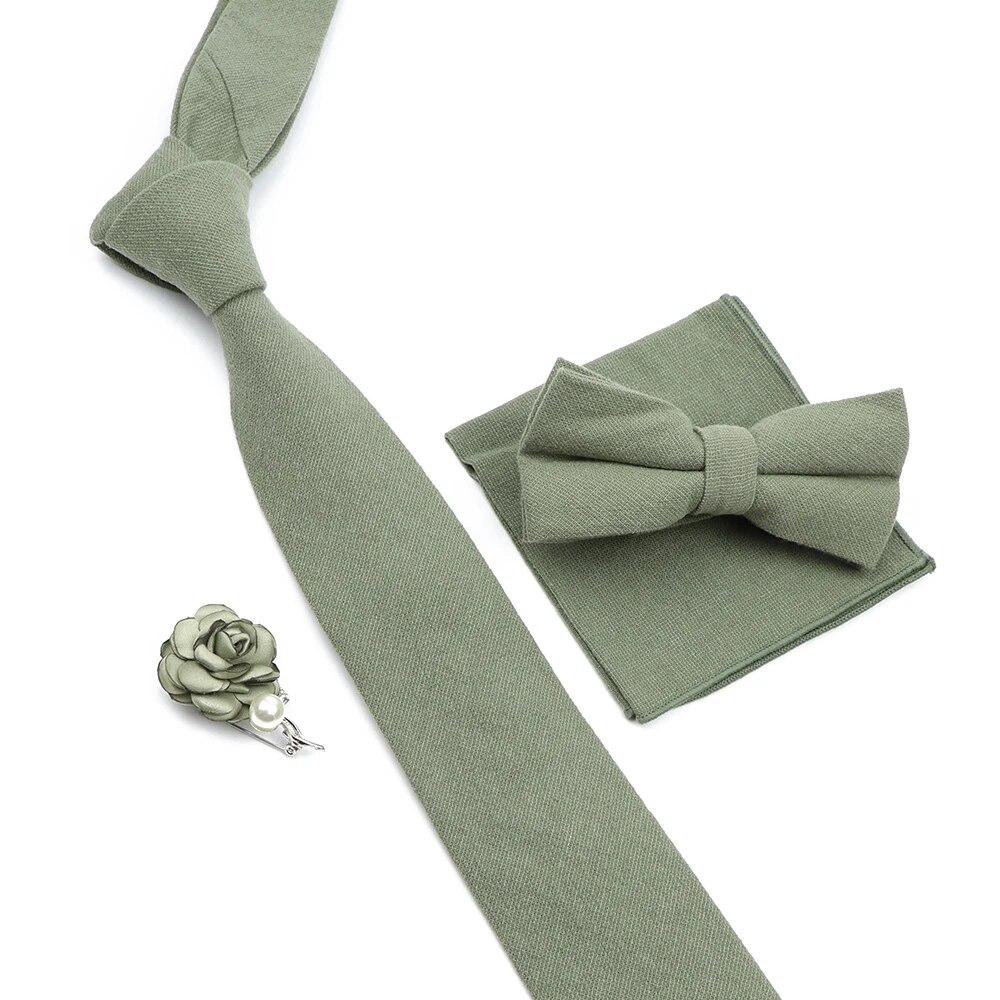 Solid Color Cotton Necktie Set For Men Tie 4pcs Hanky Cufflinks Rhinestone FLoral Brooch Tie Set