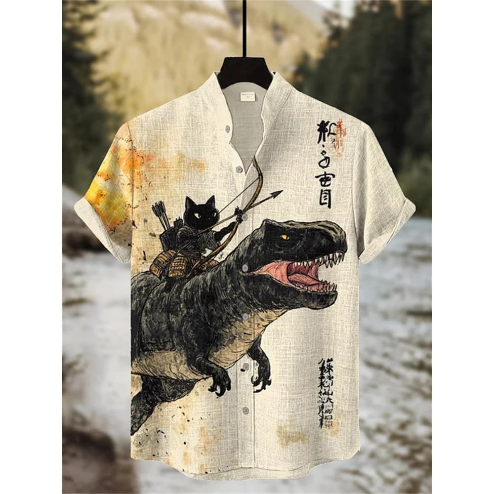 Men's Short-sleeved Shirt with Cat and Dinosaur Print, Casual and Stylish Vacation-style Men's Top, Fashionable Hawaiian Design.