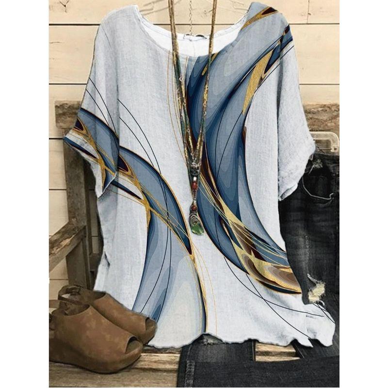 Printed round Neck Neck Casual Loose Top Print round Neck Top Women