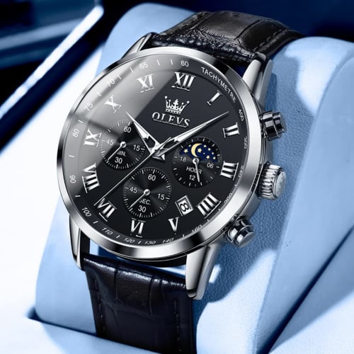 OLEVS Men's Watch, Black, Stylish, Waterproof, Luminous Watch, Cool, Black Leather Strap, Analog Quartz, Business Arm Watch for Men, Popular Fashion,