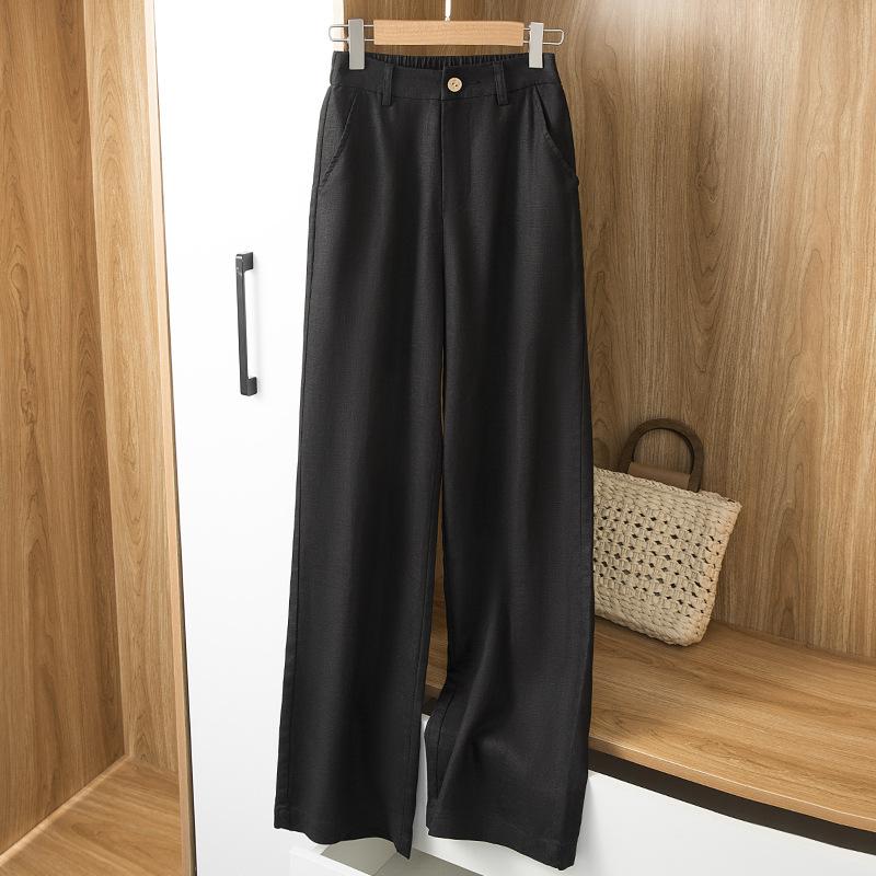 

Женские льняные брюки широкого кроя, тонкие повседневные однотонные длинные брюки, эластичные, с высокой талией, свободные прямые брюки из хлопка и льна XS чёрный