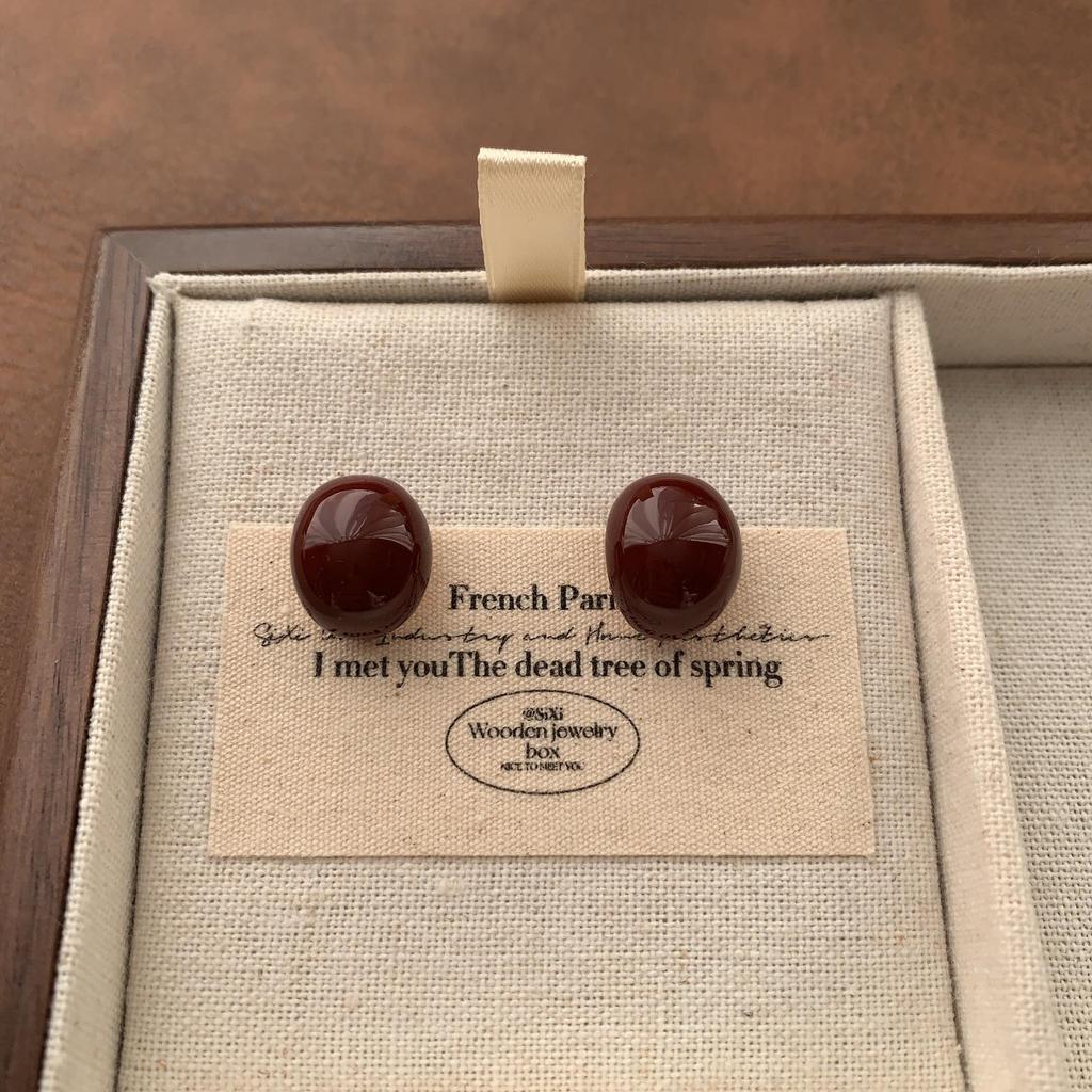 Simple Burgundy Enamel Stud Earrings Cute High Sense Versatile Sweet Romantic Niche Earrings Autumn And Winter