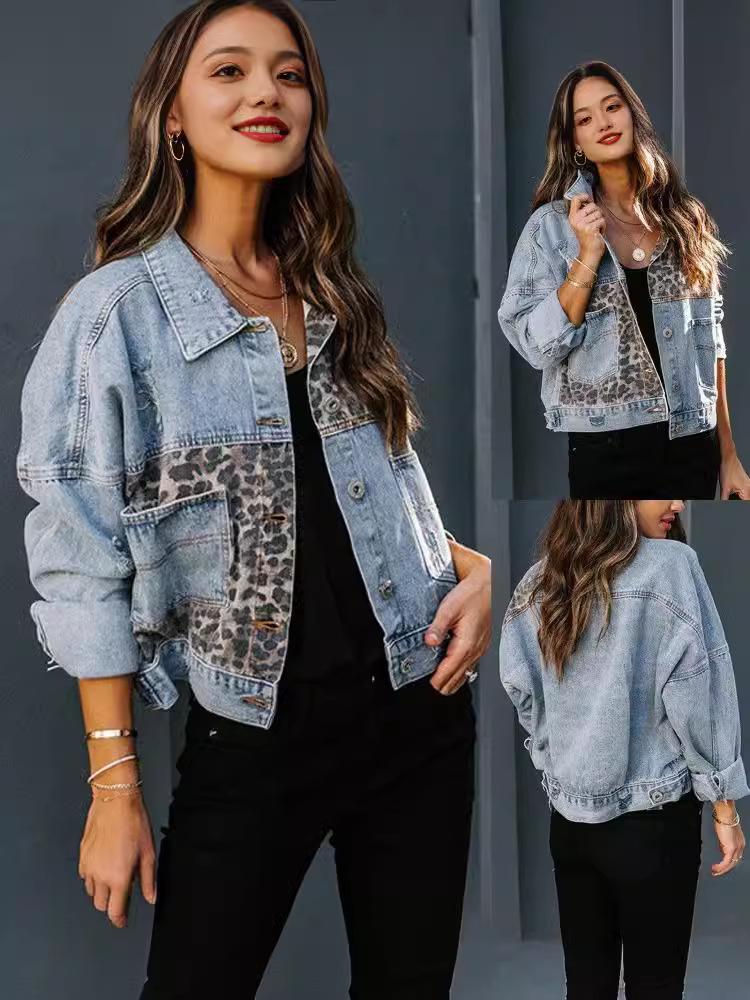 Women's Leopard Print Long Sleeve Denim Jacket - European and American Style for Autumn and Winter.