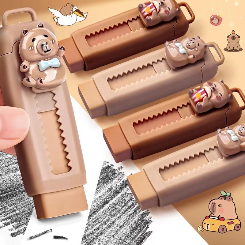 Retractable Eraser Cute Capybara Eraser Drawing Eraser Push-Pull Eraser For Kid Birthday Gifts Office Supplies School Stationery