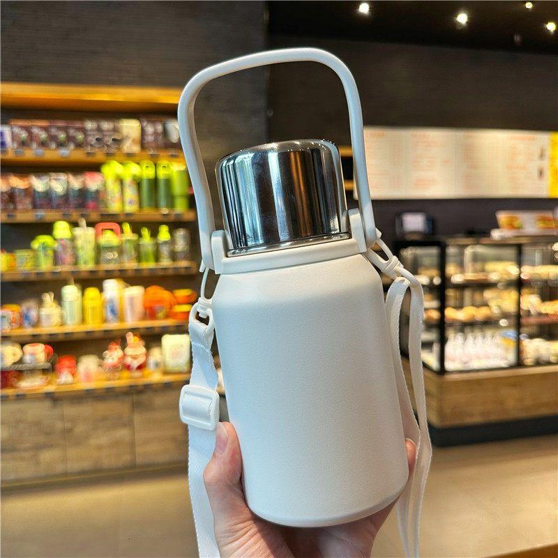 Large-Capacity Thermos Cup, Good-Looking Water Cup for Boys and Girls, Tea Cup, 316 Stainless Steel, Simple Portable Water Bottle White 800ml Solid Color + Cup Brush + Strap