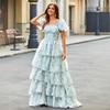 Idyllic Sweet Cake Dress European And American Bubble Sleeves Short Sleeves Lace-Up Waist Plain Floral Fairy Dress Long Dress