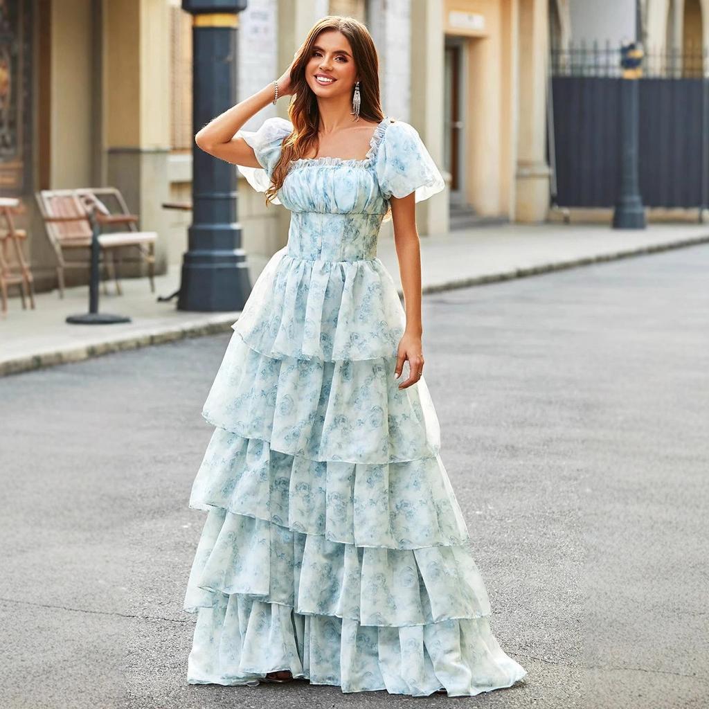 Idyllic Sweet Cake Dress European And American Bubble Sleeves Short Sleeves Lace-Up Waist Plain Floral Fairy Dress Long Dress