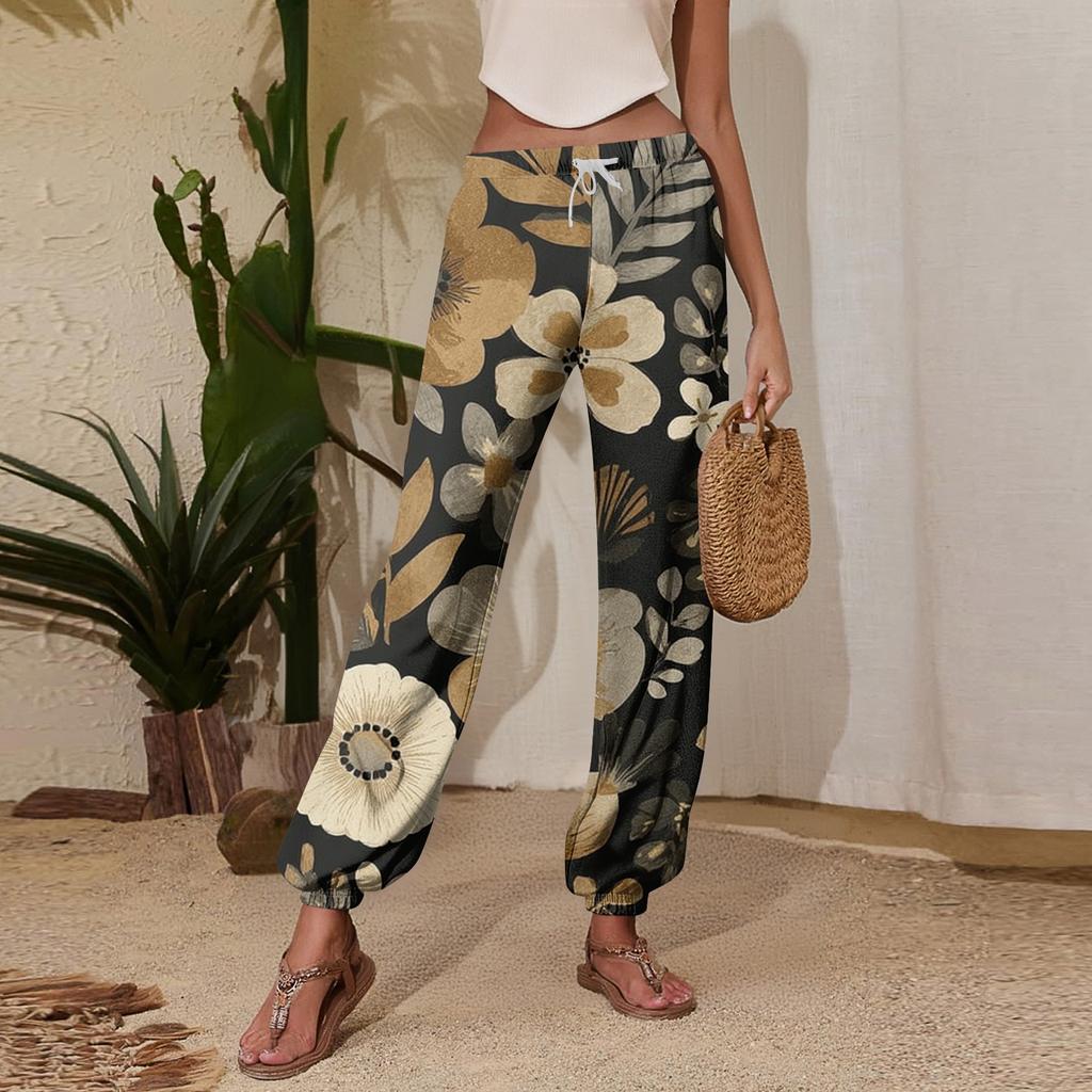 Women's Floral Print Casual Jogger Sweatpants with Elastic Drawstring Waist and Tapered Leg