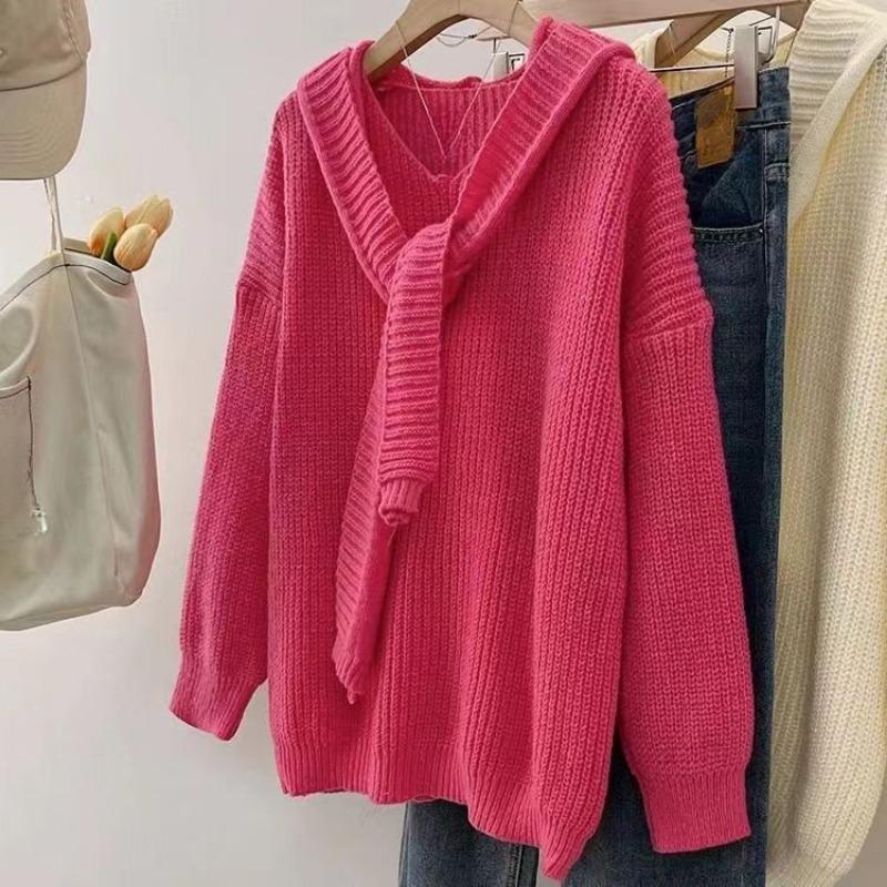 

Solid Color Shawl Sweater Women s Chic V-neck Long Sleeved Two-piece Top Korean Comfortable Loose Ladies Pullover XXL червоний