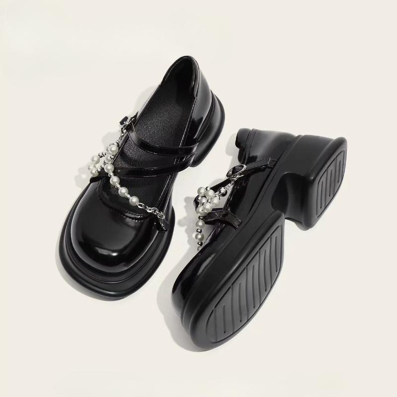 2025 New Women's Black Thick Sole Mary Jane Loafer with Pearl Chain Detail College Style Spring and Autumn Fashion Shoes