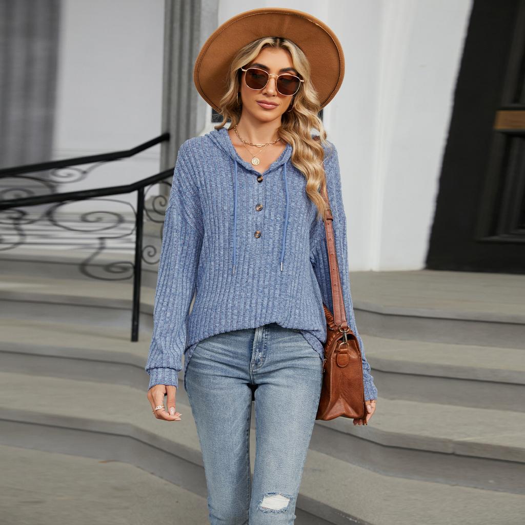 Autumn and Winter New Solid Color Hooded Button Versatile Style Solid Color Loose Long Sleeved Sweatshirt Women's Clothing