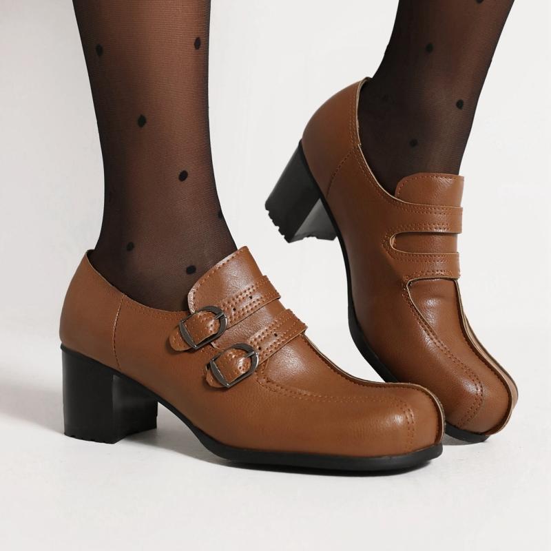 Fashion Vintage Chunky Medium Heels Shoes Woman Fashion Buckle Black Brown Heeled Pumps Female Large Size 48 Party Loafer Shoes Casual