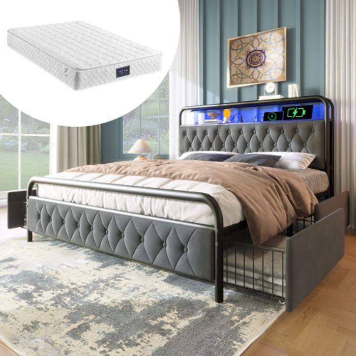 Lit Rembourré Lit Double Avec Chargeur USB Type C 160 X 200 Cadre De Lit Et 4 Tiroirs, Velours (avec Matelas)