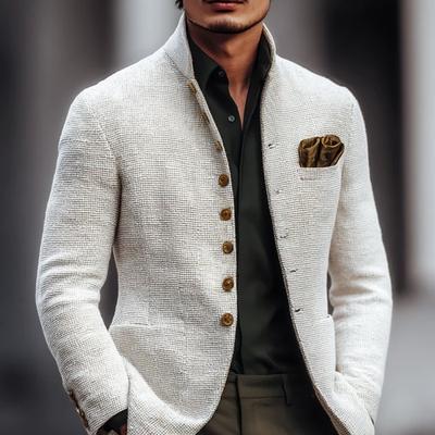 Men's Casual Stand Collar Slim Fit Blazer Jacket Long Sleeve Button Pockets Blazer Outerwear For European American Men
