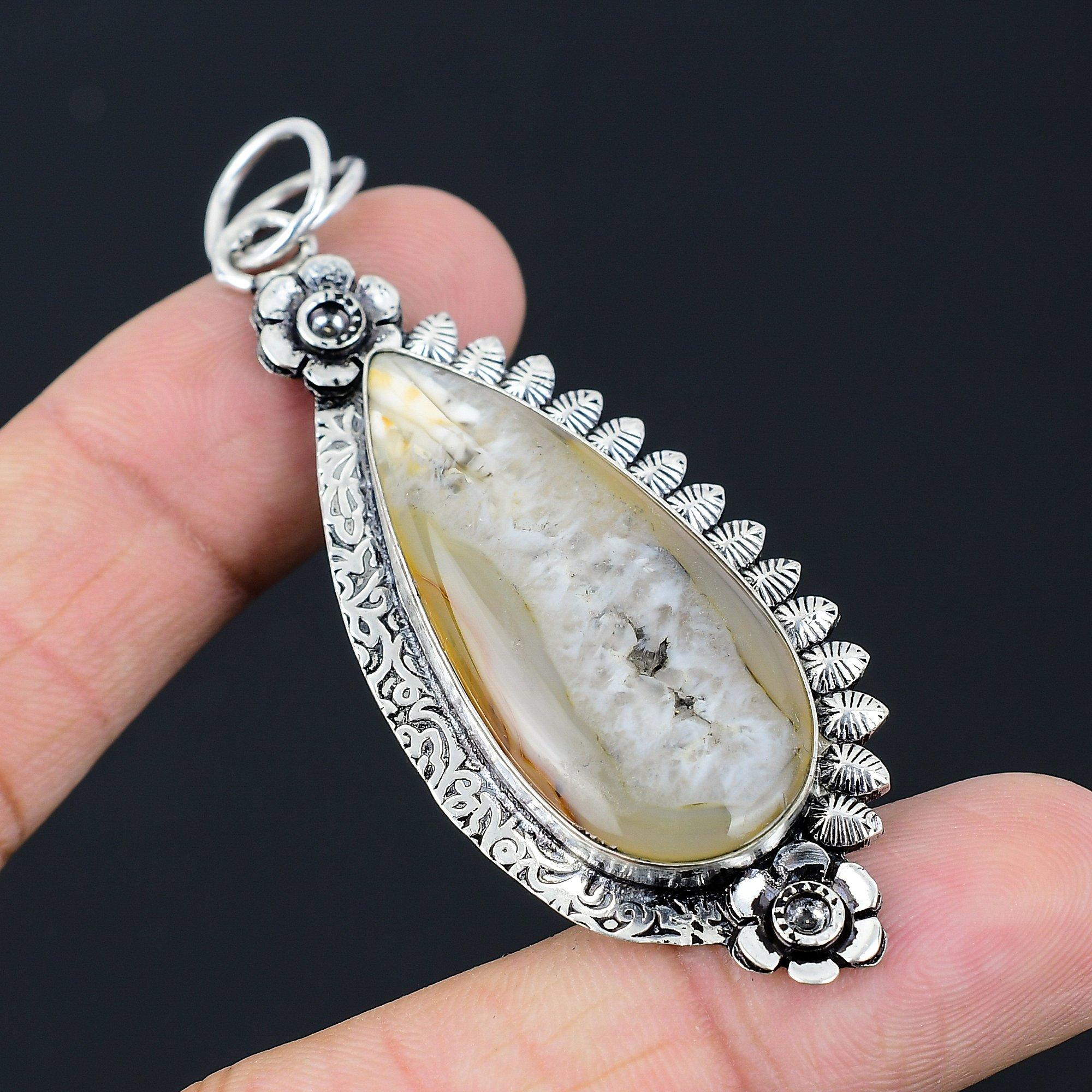 Wedding Gift For Her 925 Silver Natural Montana Agate Gemstone Pendant Flower