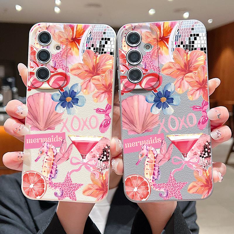 Pink Cartoon Pattern Floral Case For Samsung Galaxy A57 A56 A55 A54 5G A37 A36 A35 A34 A17 A16 A15 A14 Leather Texture Silicone Cover