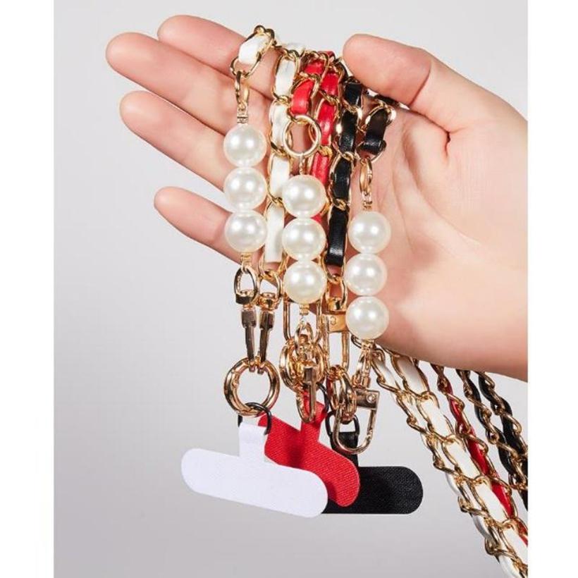 Trendy Universal Pearl Metal Cell Phone Chain Charms Women Detachable Phone Lanyards Crossbody Neck Strap with Patch