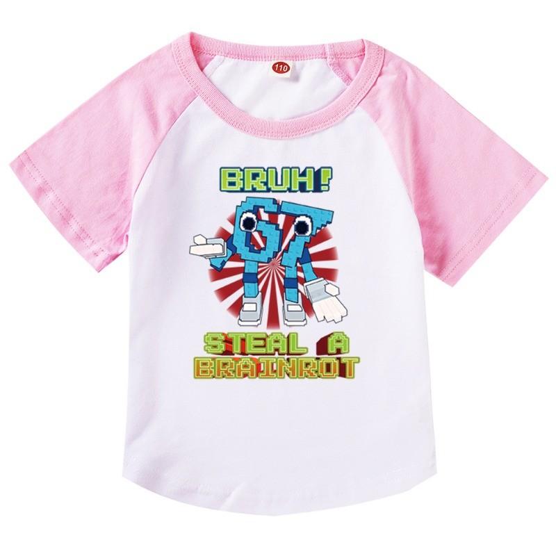 9192 Kids Girls Steal a Brainrot 67 Six Seven Print Raglan Short Sleeves Cotton T-Shirt