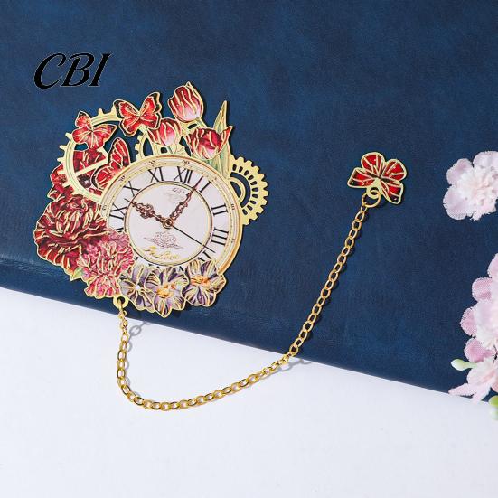 Vintage Bookmark Retro Flower Clock with Chain, Metal Decorative Book Mark for Reading Women, Aesthetic Page Marker, Bookish Gift Birthday Christmas